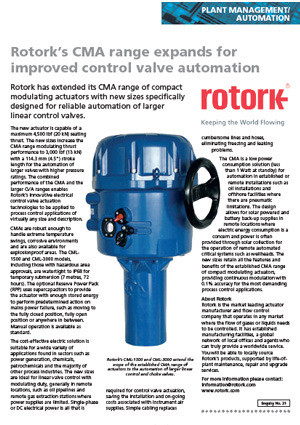 Rotork的CMA范围扩展了以改善控制阀自动化